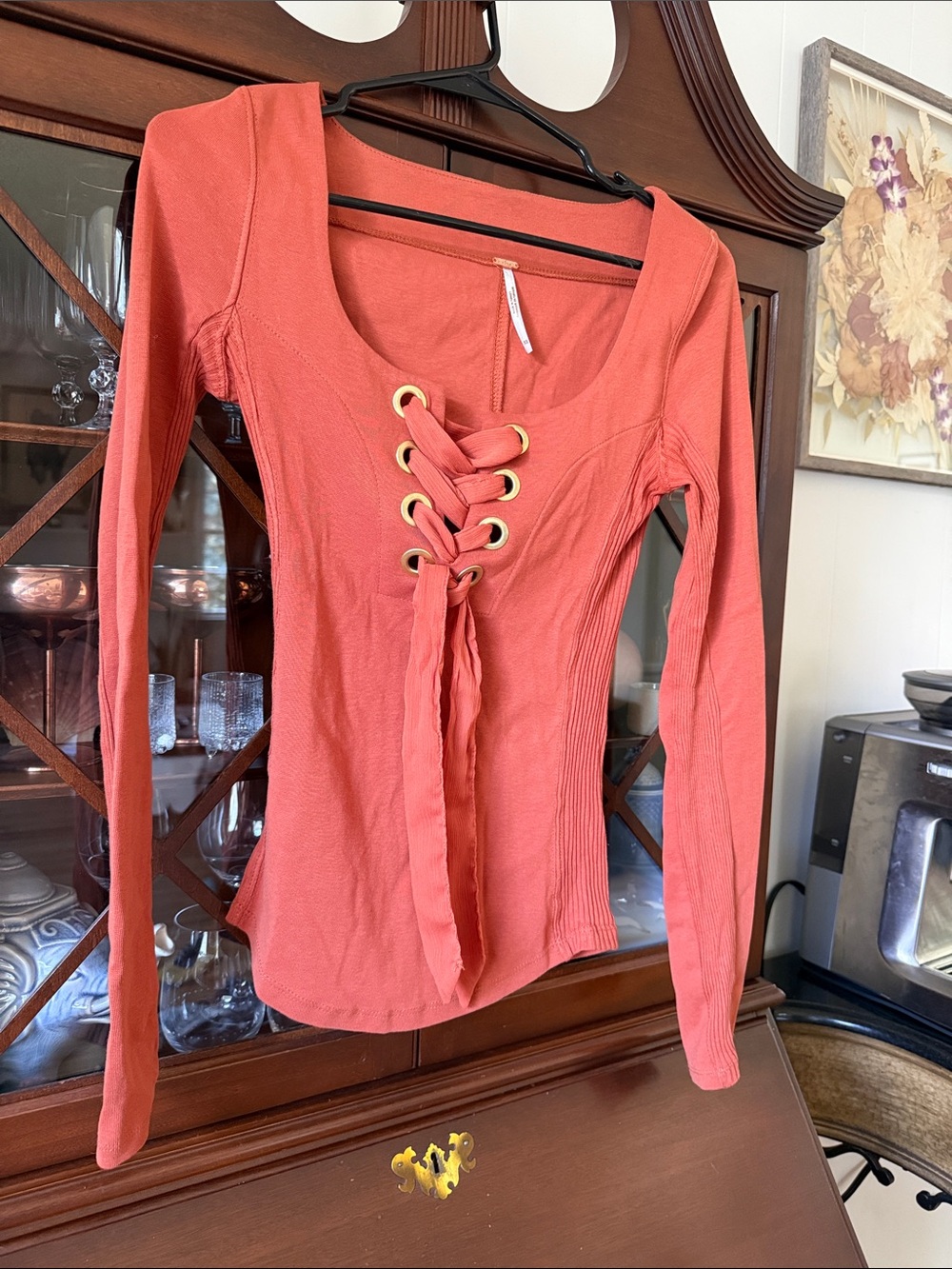 Free People Orange Lace-Up Long Sleeve Top